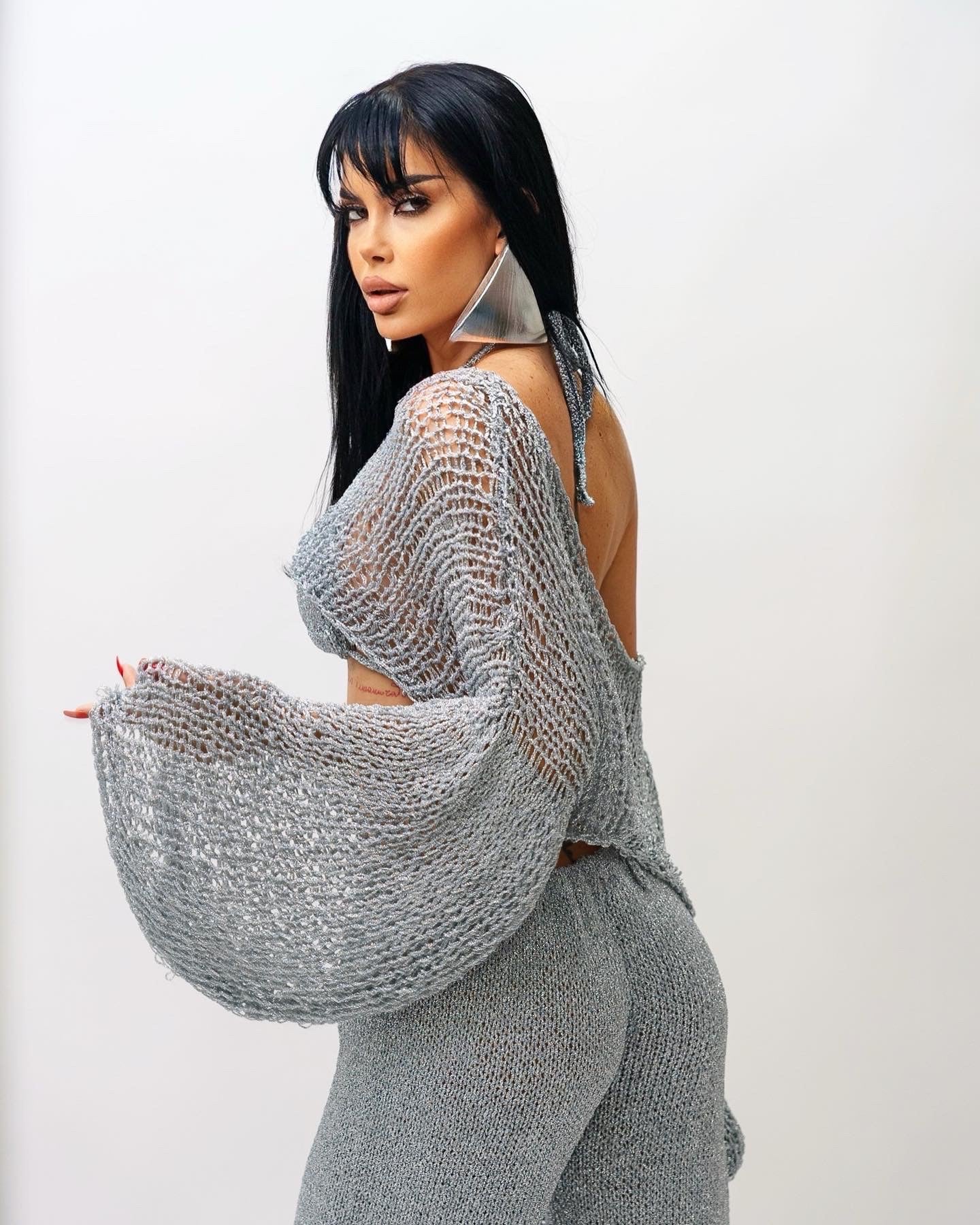 Oversized off shoulder hand made knitted lurex top
