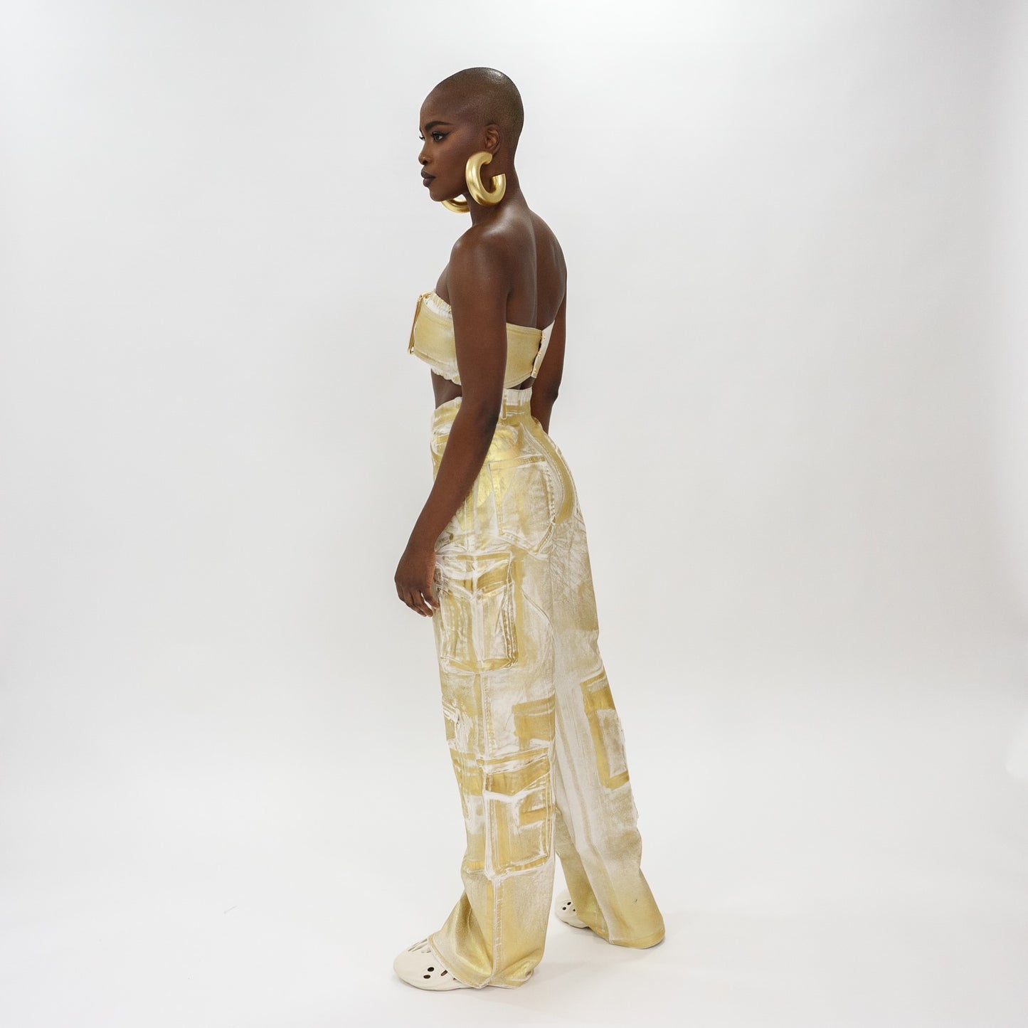 Gold foil cargo denim pants