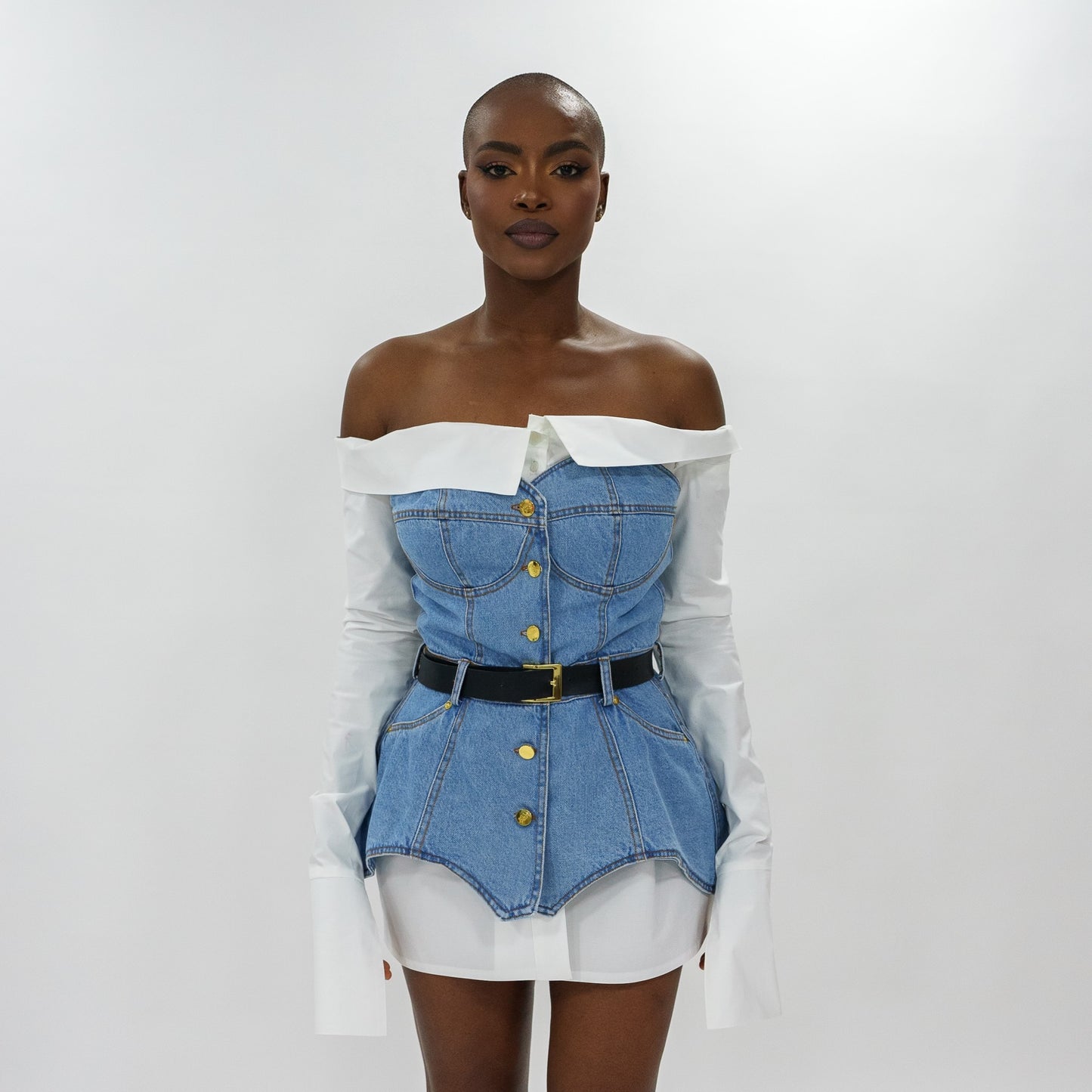 Denim corset and off shoulder white shirt
