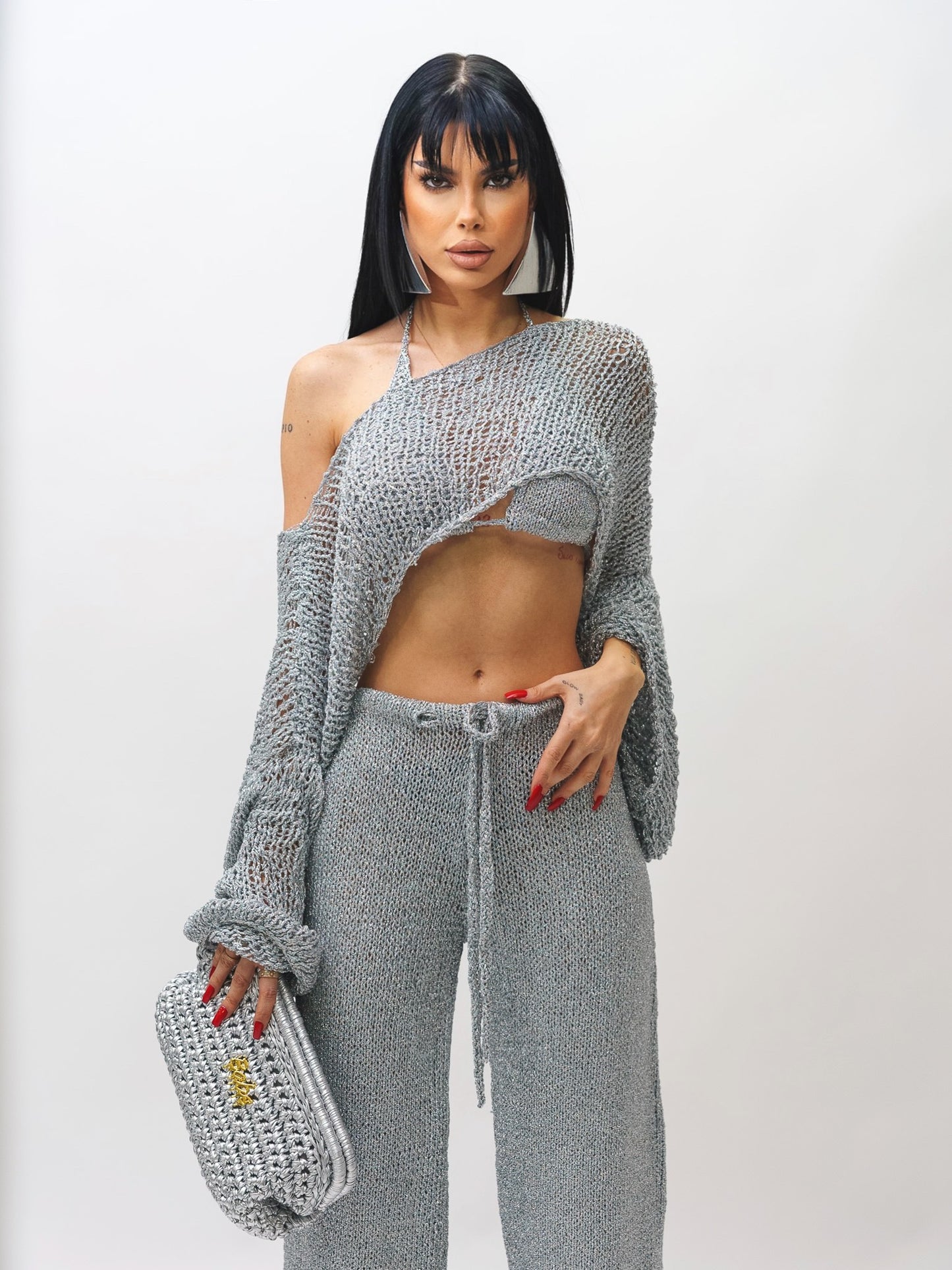 Oversized off shoulder hand made knitted lurex top