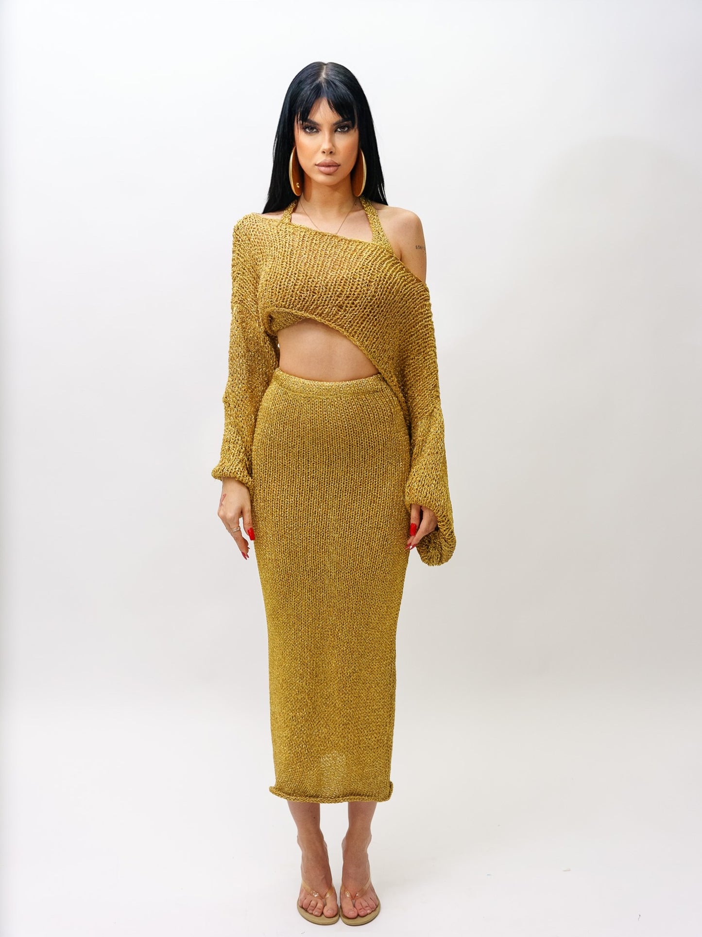 Oversized 0ff the shoulder hand made knitted lurex top