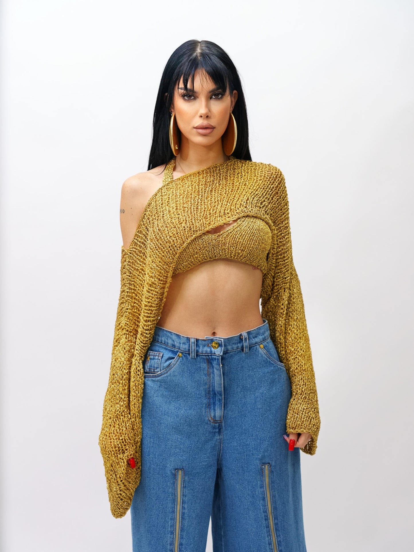 Oversized 0ff the shoulder hand made knitted lurex top