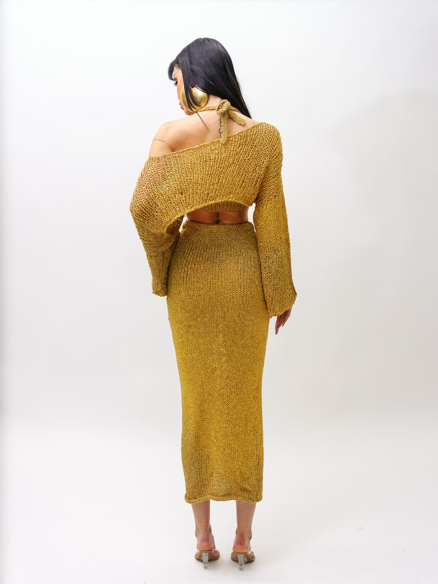 Oversized 0ff the shoulder hand made knitted lurex top