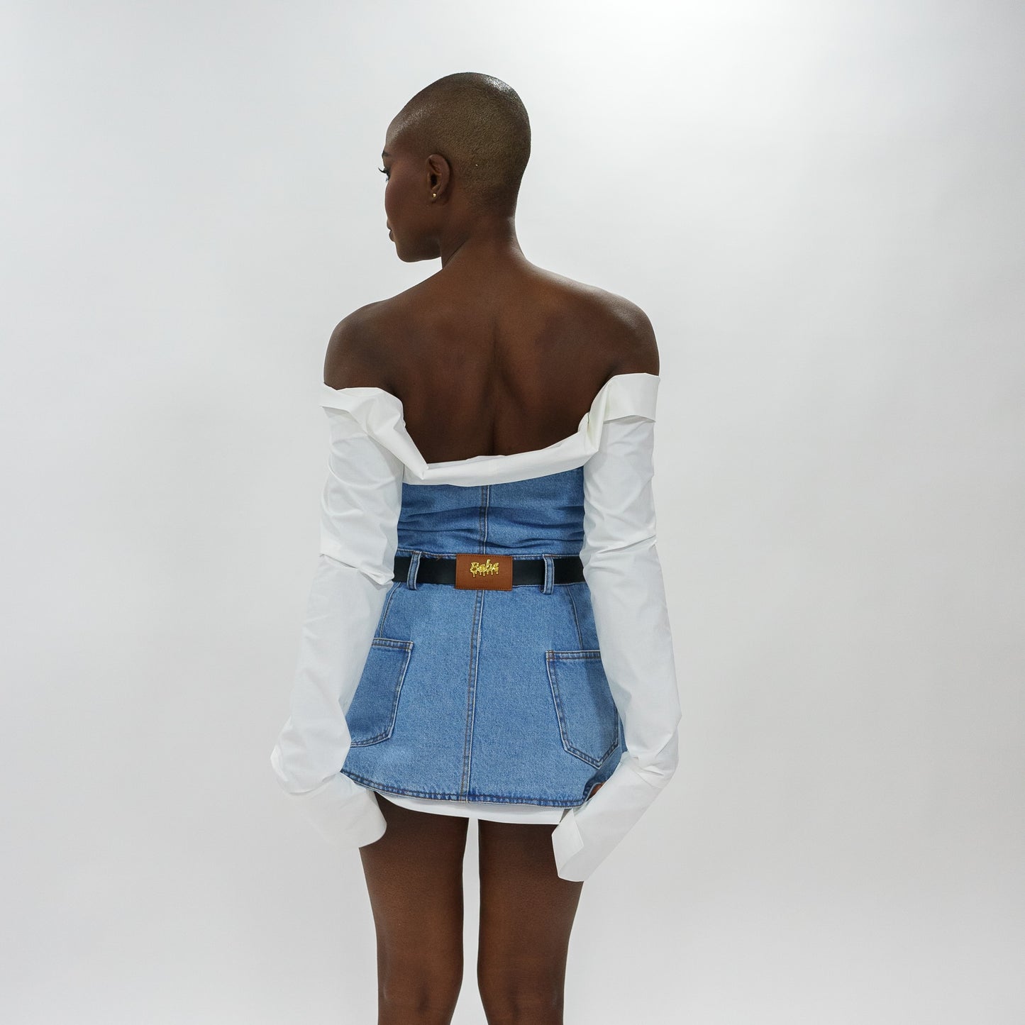 Denim corset and off shoulder white shirt
