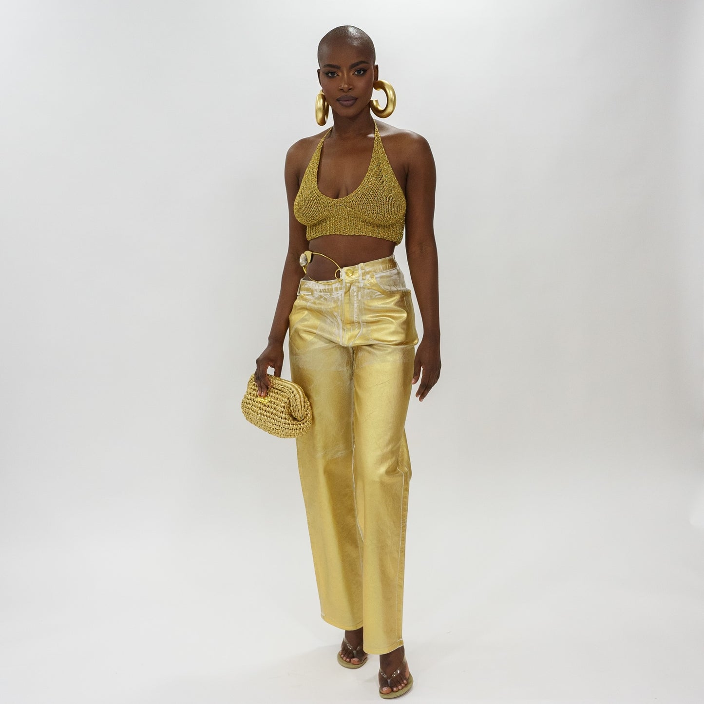 Gold foil safety pin denim pants