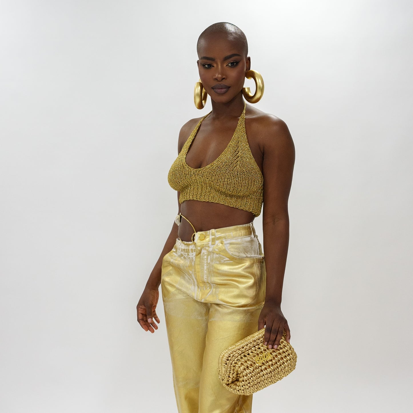 Gold foil safety pin denim pants