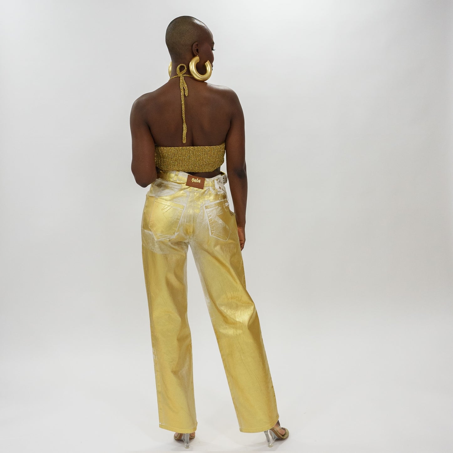 Gold foil safety pin denim pants