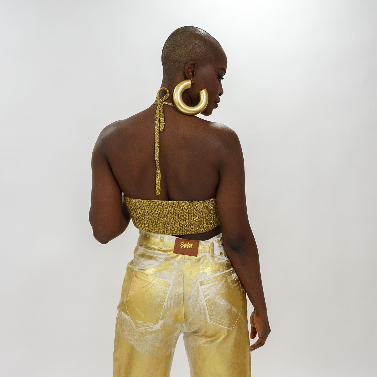 Gold foil safety pin denim pants