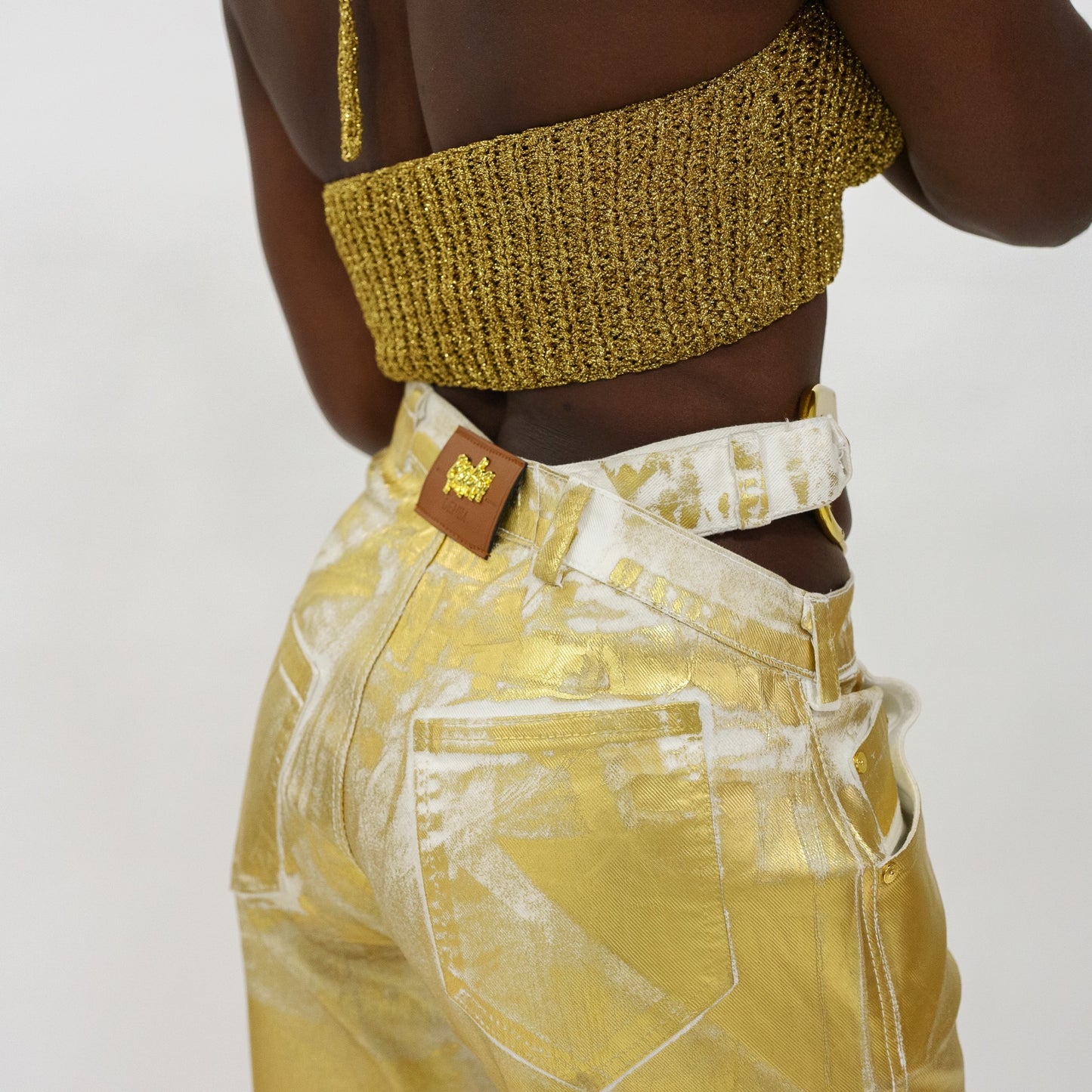 Gold foil safety pin denim pants