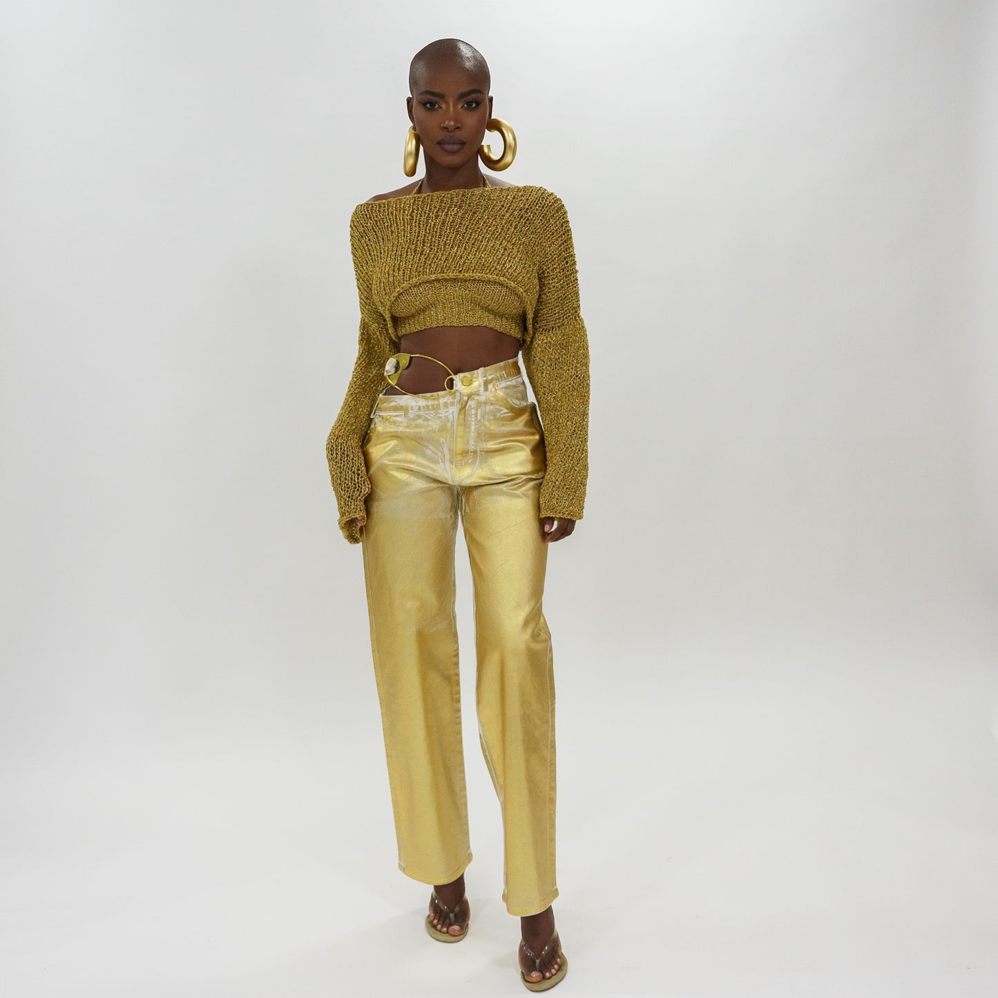 Gold foil safety pin denim pants