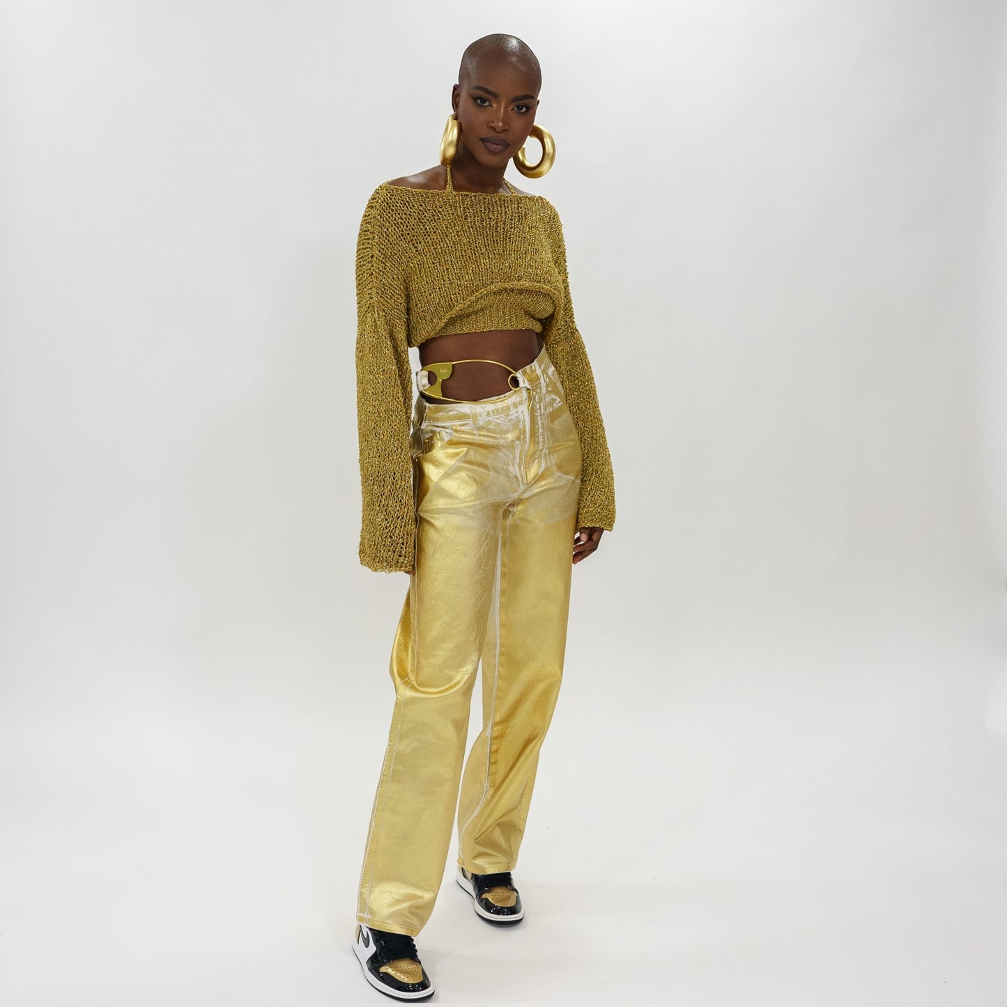 Gold foil safety pin denim pants