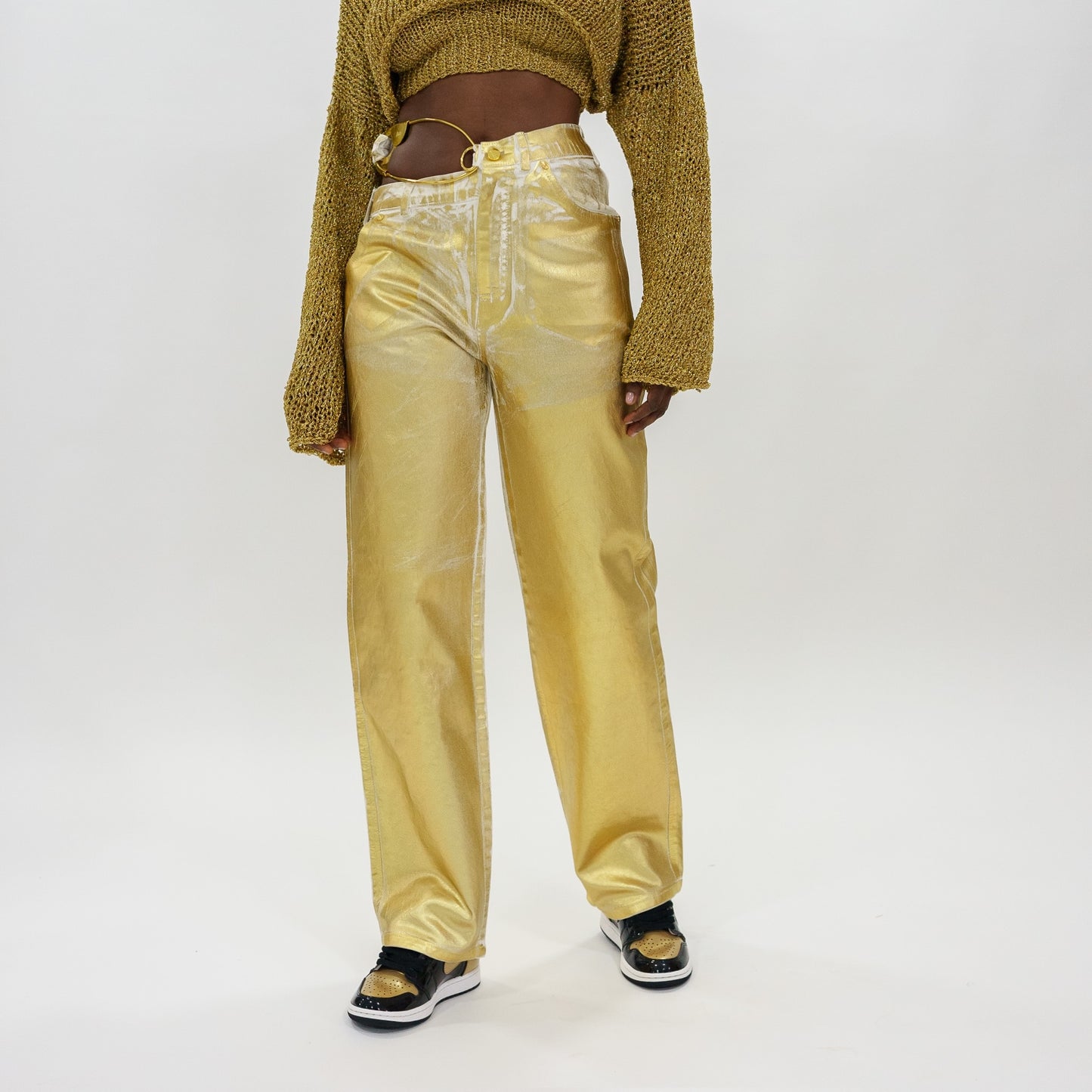 Gold foil safety pin denim pants