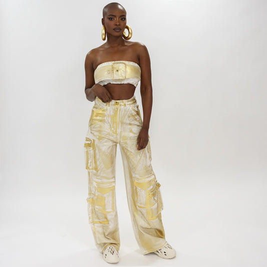 Gold foil cargo denim pants