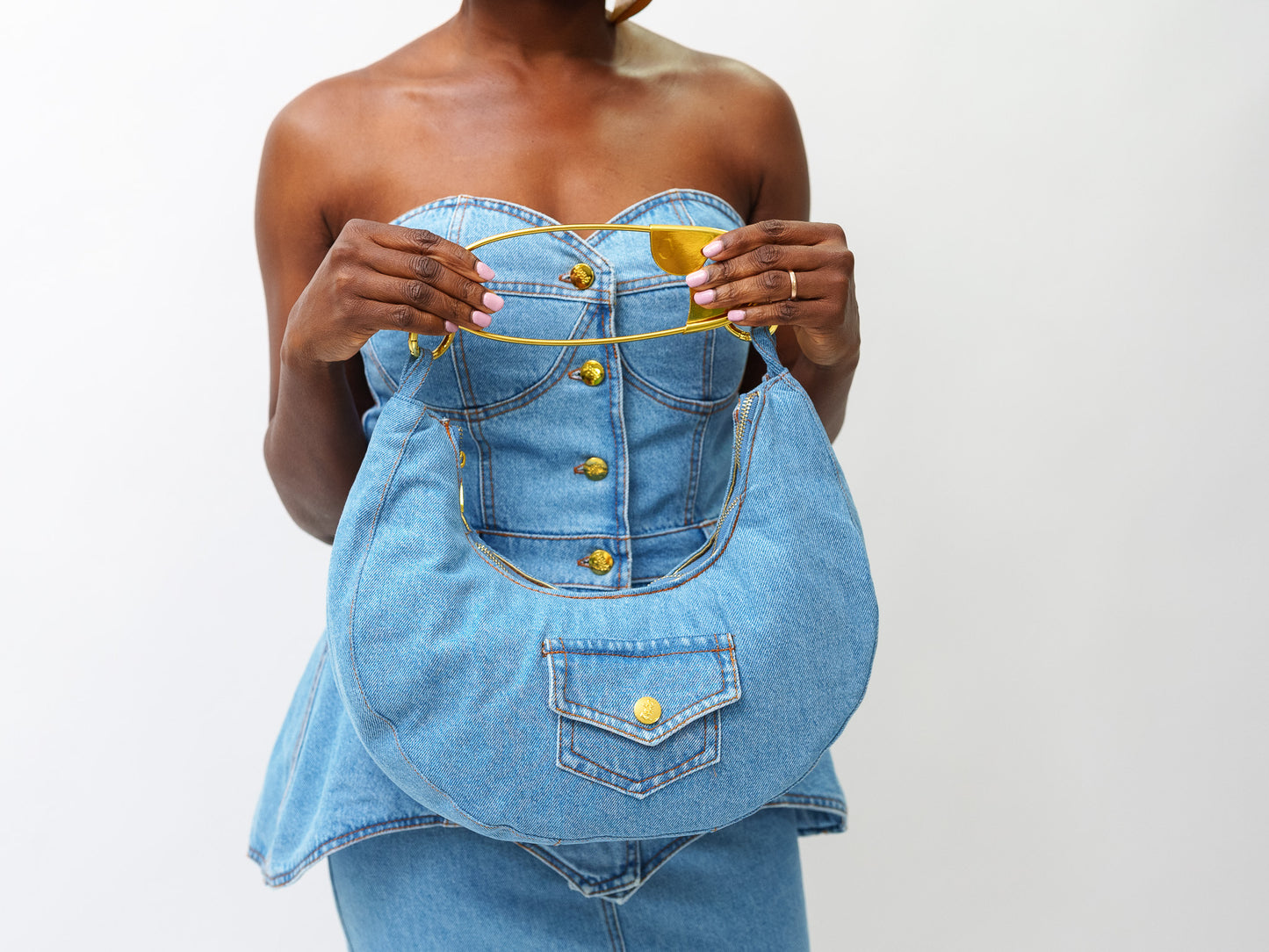 Denim safety pin bag