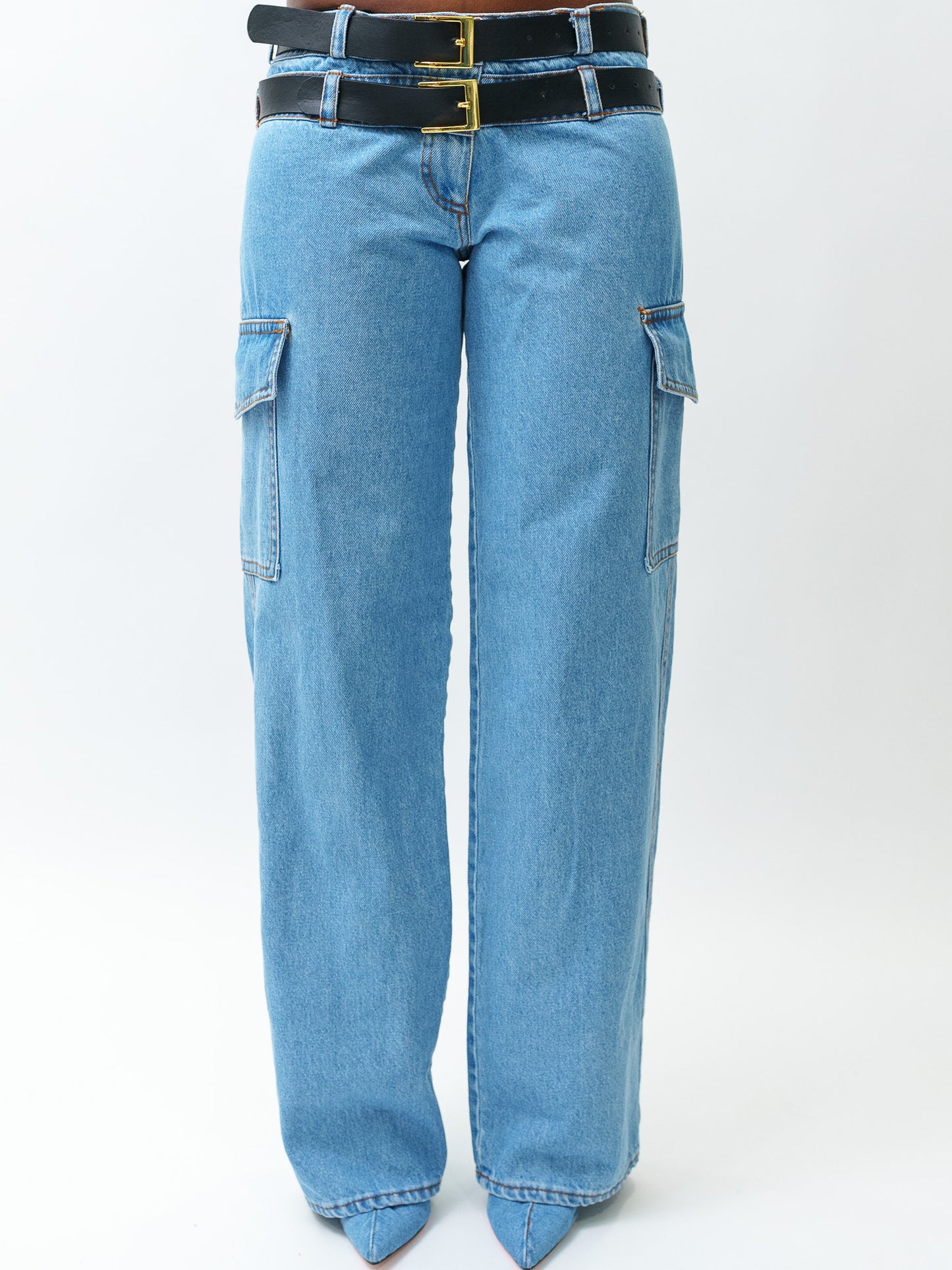 Denim double waist pants