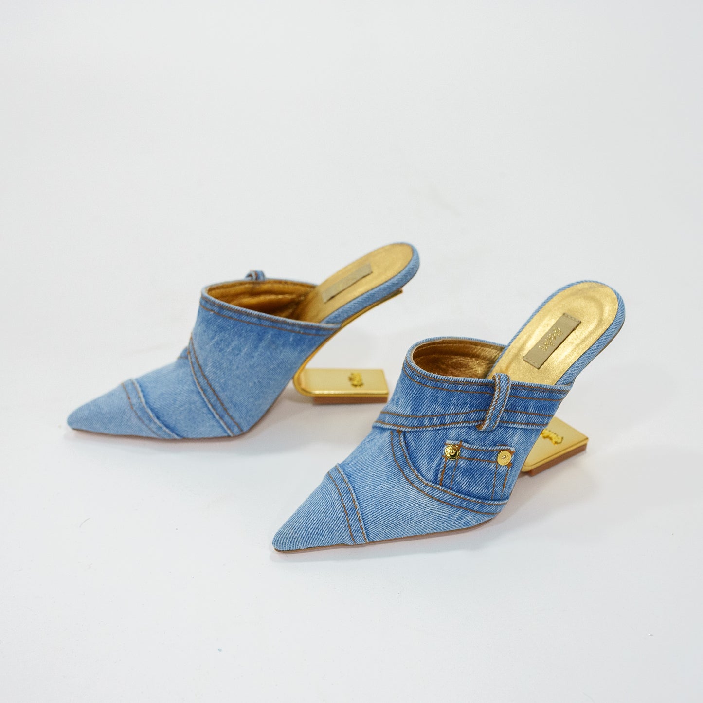 Washed denim mules