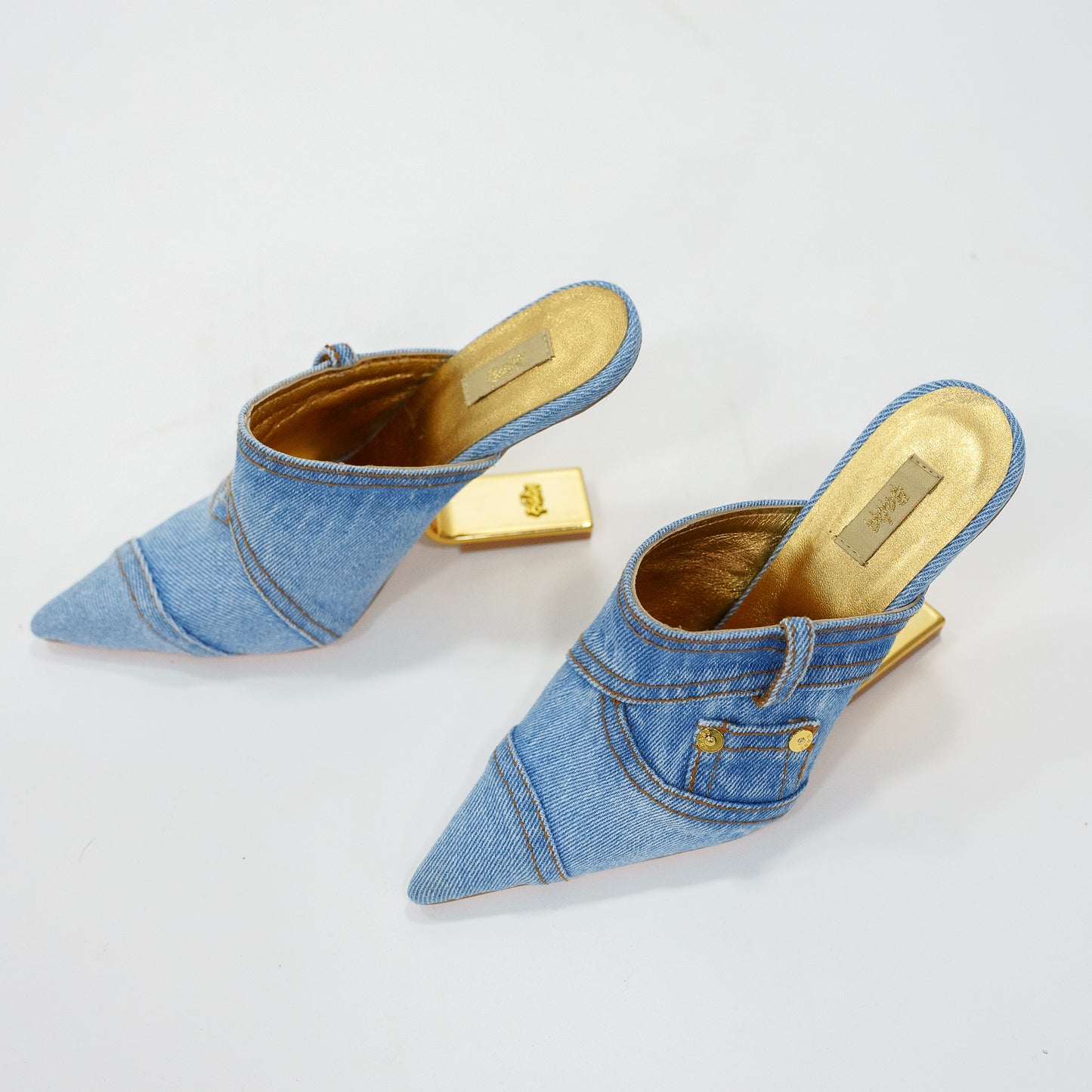 Washed denim mules